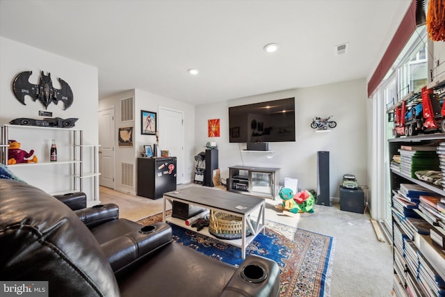 living room with light colored carpet