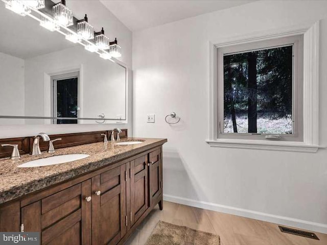 bathroom with vanity and hardwood / wood-style flooring