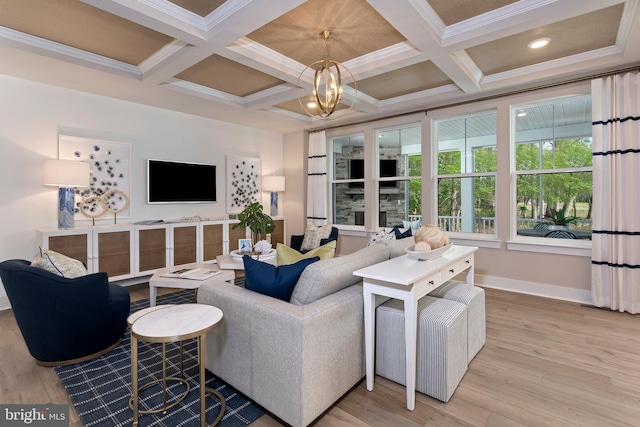 living room featuring crown molding, coffered ceiling, and wood-type flooring