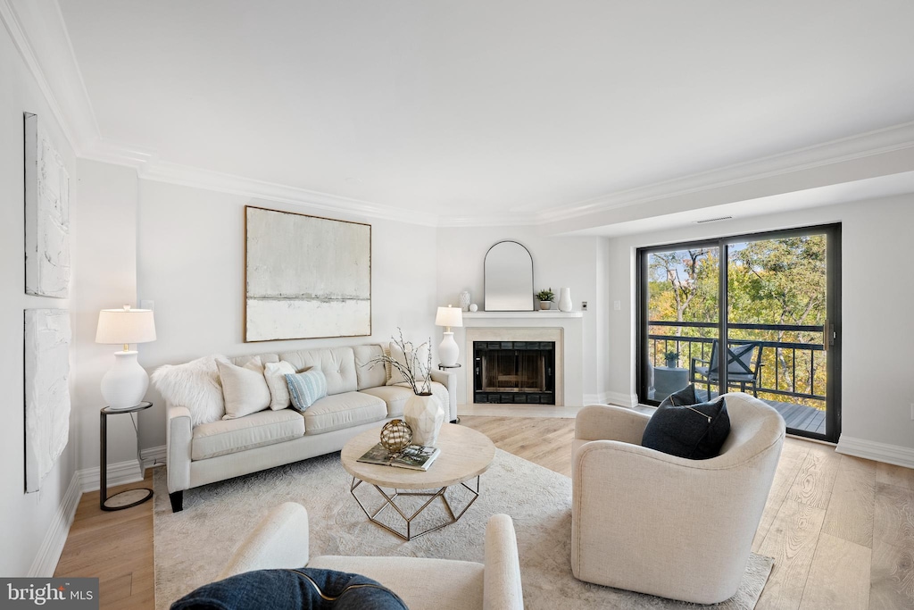 living room with ornamental molding and light hardwood / wood-style flooring