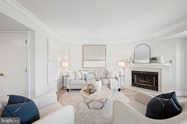 living room featuring crown molding