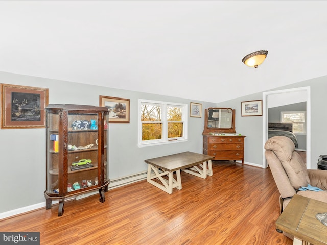 living area featuring vaulted ceiling and light hardwood / wood-style floors