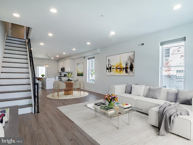 living room with hardwood / wood-style flooring and sink