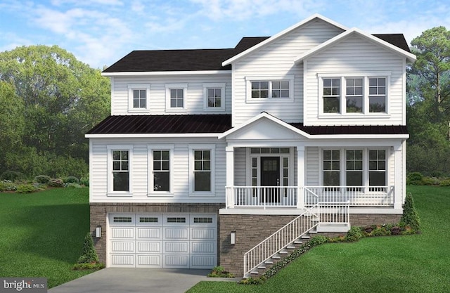 view of front of property featuring stairs, a front lawn, concrete driveway, an attached garage, and a porch