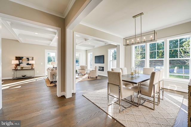 dining space featuring coffered ceiling, a healthy amount of sunlight, ornamental molding, and hardwood / wood-style floors