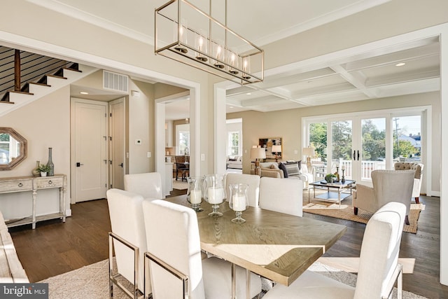 dining area featuring stairway, beamed ceiling, visible vents, coffered ceiling, and dark wood-style floors