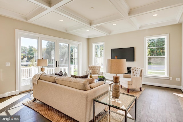 living area featuring plenty of natural light, dark wood-type flooring, and coffered ceiling