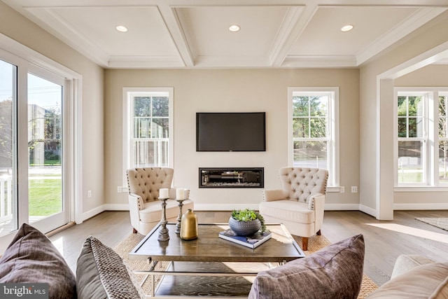 living room featuring light hardwood / wood-style floors, a healthy amount of sunlight, beamed ceiling, and coffered ceiling