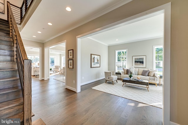 interior space with ornamental molding and hardwood / wood-style floors