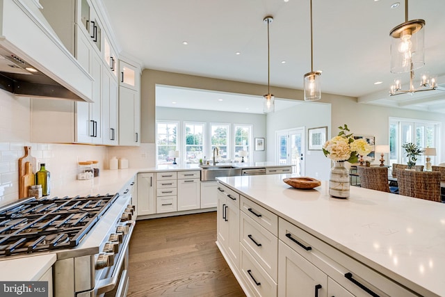 kitchen featuring custom exhaust hood, tasteful backsplash, hanging light fixtures, light hardwood / wood-style flooring, and sink