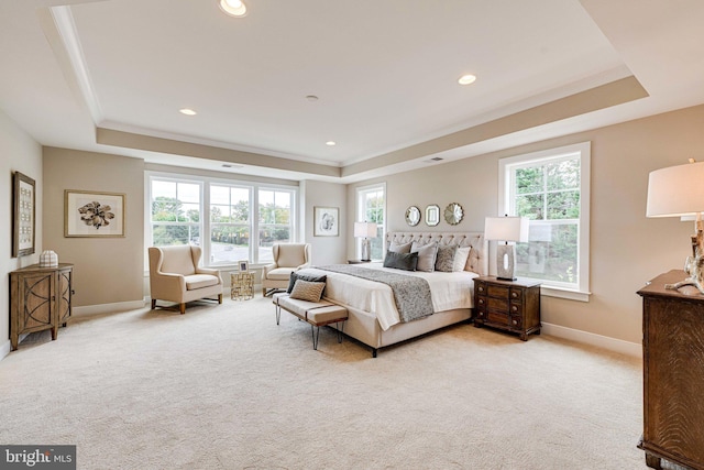 carpeted bedroom with ornamental molding, multiple windows, and a raised ceiling