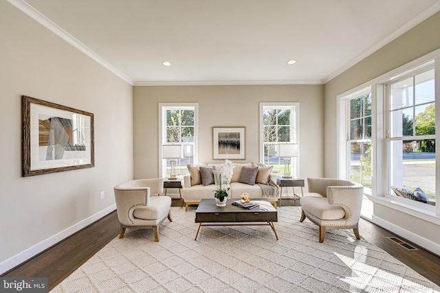 living room featuring crown molding, light hardwood / wood-style floors, and a healthy amount of sunlight