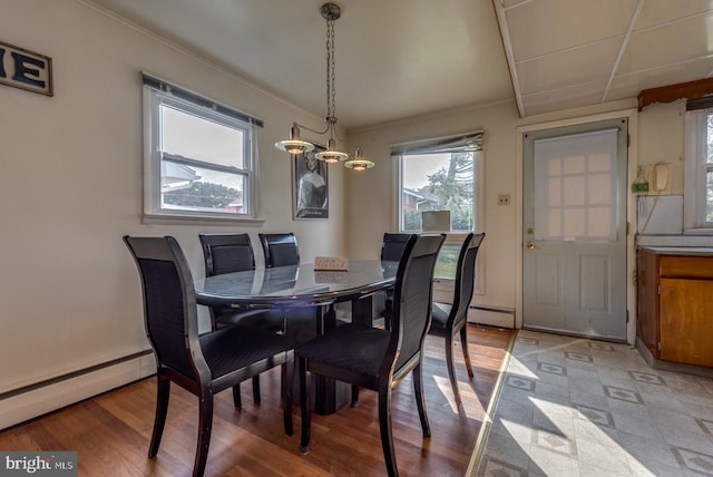 dining space with a baseboard radiator, light hardwood / wood-style flooring, and a healthy amount of sunlight