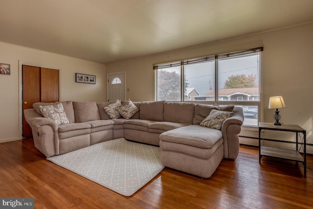 living room featuring a baseboard radiator and wood-type flooring