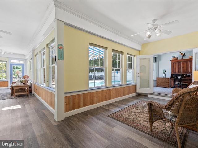 interior space with wood walls, a healthy amount of sunlight, and wood-type flooring