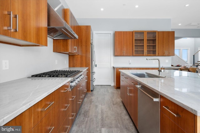 kitchen with light stone countertops, light hardwood / wood-style flooring, sink, wall chimney exhaust hood, and stainless steel appliances