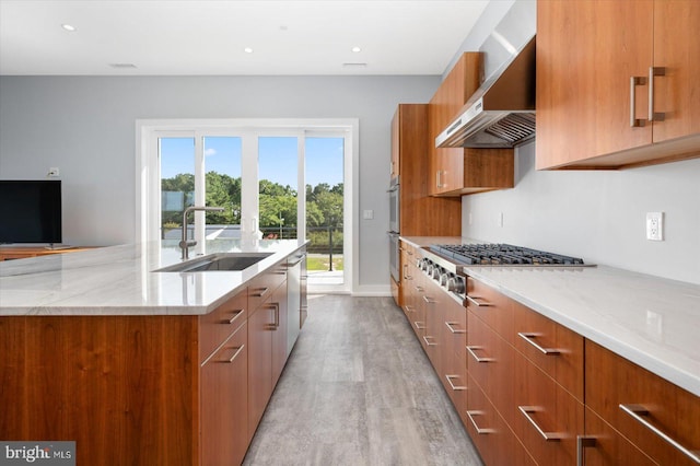 kitchen featuring wall chimney range hood, appliances with stainless steel finishes, light stone countertops, light wood-type flooring, and sink