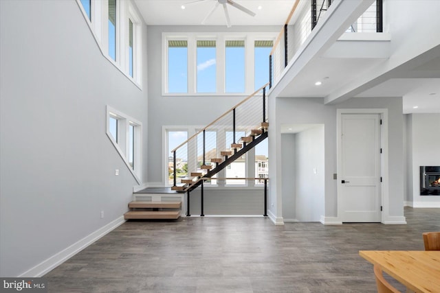 interior space featuring a high ceiling, dark wood-type flooring, a healthy amount of sunlight, and ceiling fan