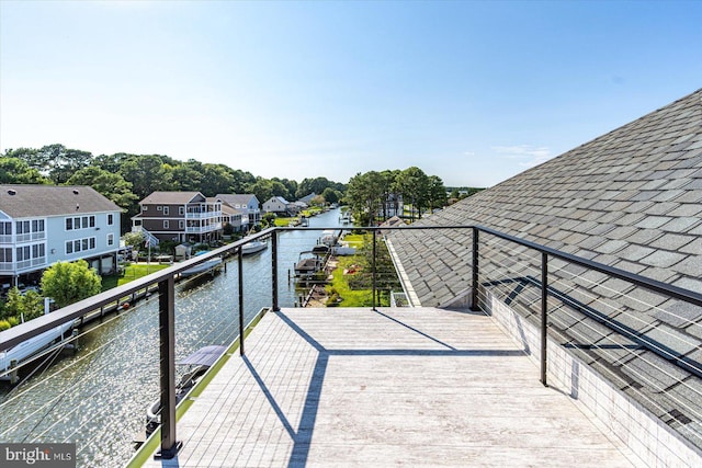 exterior space with a water view