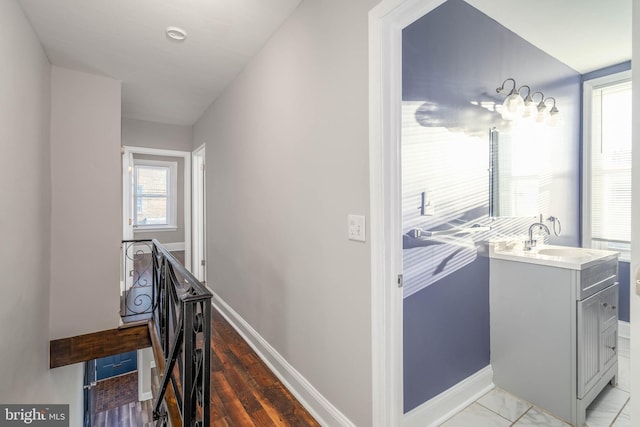 hall featuring hardwood / wood-style flooring and sink