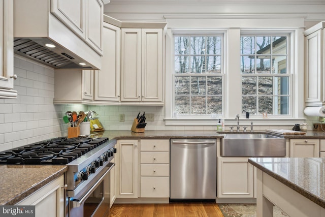 kitchen featuring custom exhaust hood, a wealth of natural light, sink, dark stone counters, and appliances with stainless steel finishes