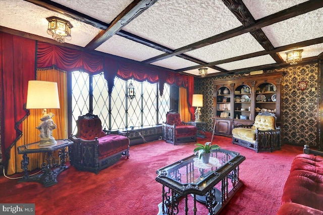 333 W Arch St, Frackville, PA 17931 - living area featuring a textured ceiling, coffered ceiling, carpet flooring, and beamed ceiling