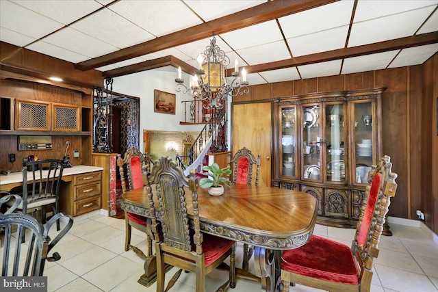 333 W Arch St, Frackville, PA 17931 - dining space with wooden walls, a notable chandelier, light tile patterned floors, and beamed ceiling