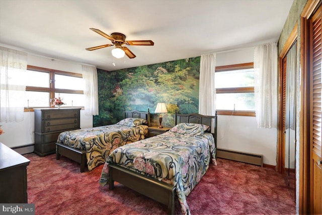 bedroom with ceiling fan, a baseboard radiator, and dark carpet