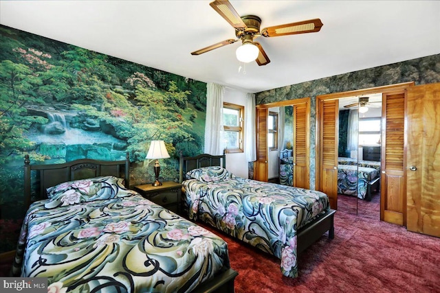 carpeted bedroom featuring ceiling fan