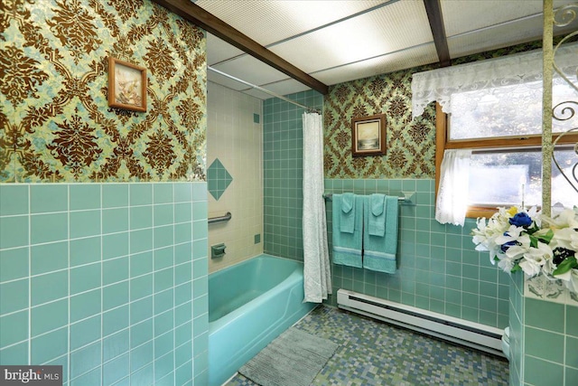333 W Arch St, Frackville, PA 17931 - bathroom featuring tile walls, shower / bath combination with curtain, wainscoting, wallpapered walls, and a baseboard radiator
