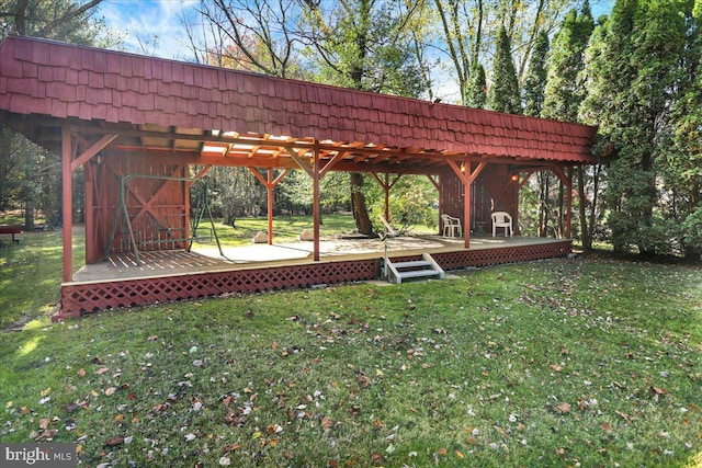 surrounding community with a pergola, a deck, and a lawn