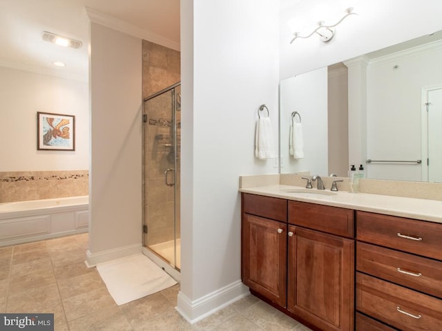 bathroom with vanity, crown molding, independent shower and bath, and tile patterned floors