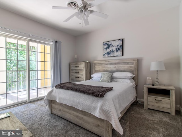 carpeted bedroom with access to outside and ceiling fan