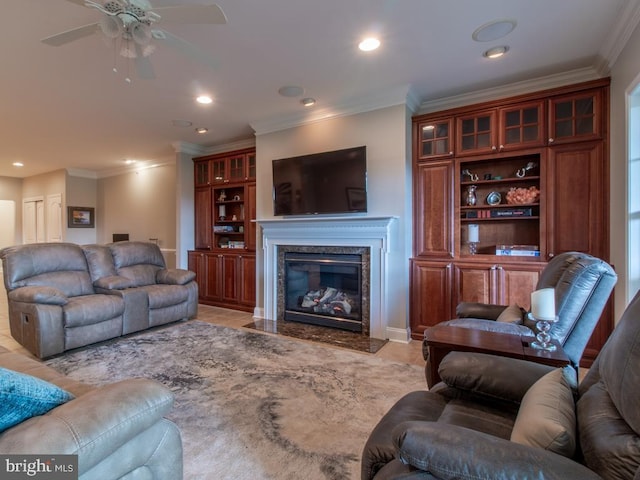 33579 Windswept Dr Unit 8404, Millsboro, DE 19966 - tiled living area with crown molding, recessed lighting, ceiling fan, and a fireplace