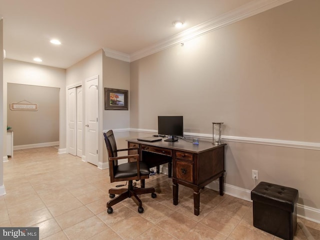 office space featuring crown molding and light tile patterned floors