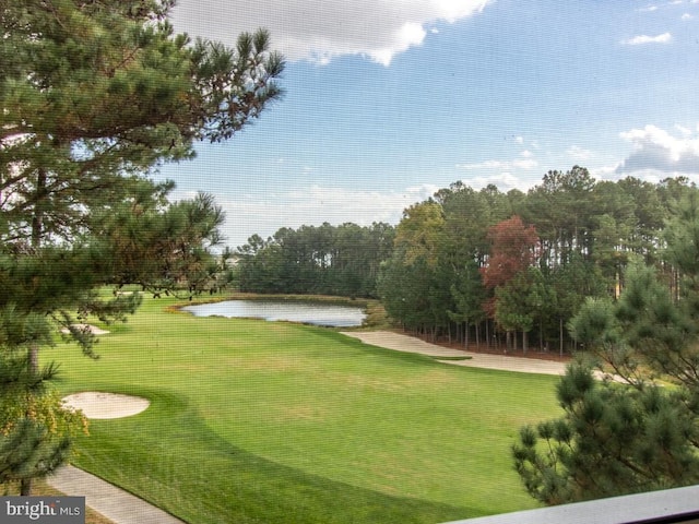 view of property's community with a yard and a water view