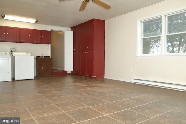 laundry room with washer and dryer, ceiling fan, tile patterned floors, baseboard heating, and cabinets