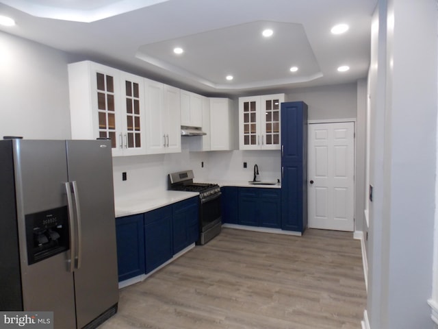 kitchen with blue cabinets, white cabinets, light hardwood / wood-style flooring, a raised ceiling, and appliances with stainless steel finishes