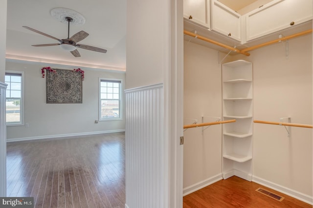 walk in closet featuring hardwood / wood-style flooring and ceiling fan