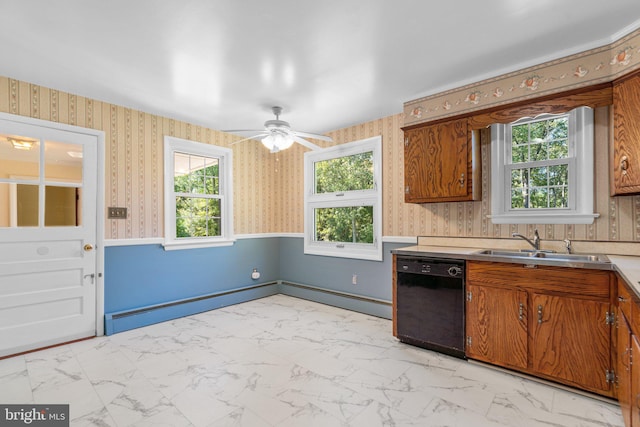 kitchen with sink, dishwasher, a healthy amount of sunlight, and ceiling fan