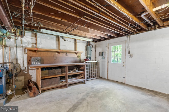 basement with electric panel and a workshop area