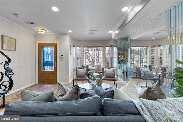 living room with crown molding and light wood-type flooring