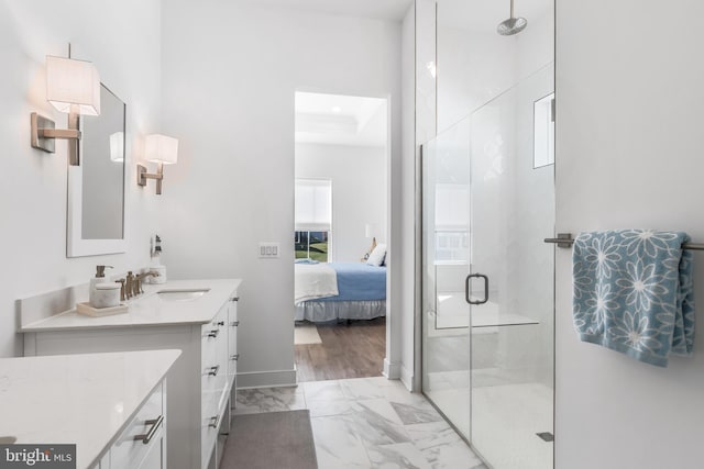 bathroom with vanity, hardwood / wood-style flooring, and an enclosed shower