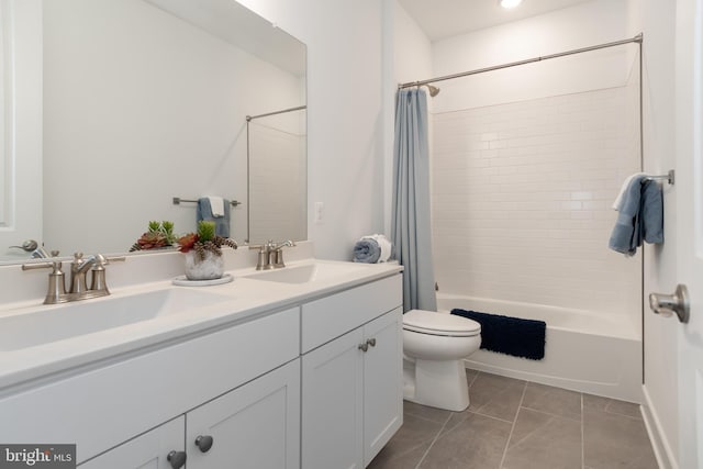 full bathroom with vanity, shower / bath combination with curtain, toilet, and tile patterned floors