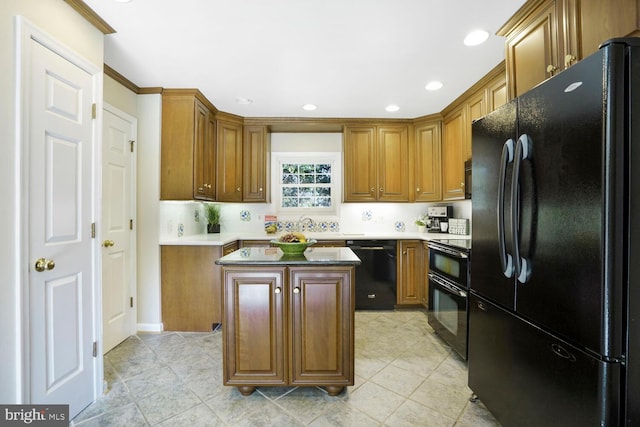 kitchen featuring light tile patterned floors, a kitchen island, brown cabinets, black appliances, and recessed lighting