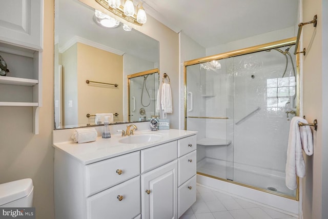 full bath with vanity, tile patterned flooring, a shower stall, and toilet