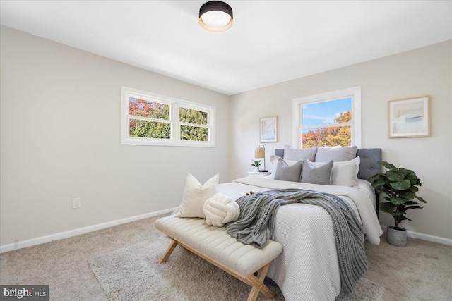 bedroom with light colored carpet