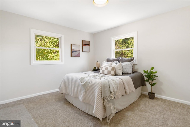 bedroom with light carpet and multiple windows