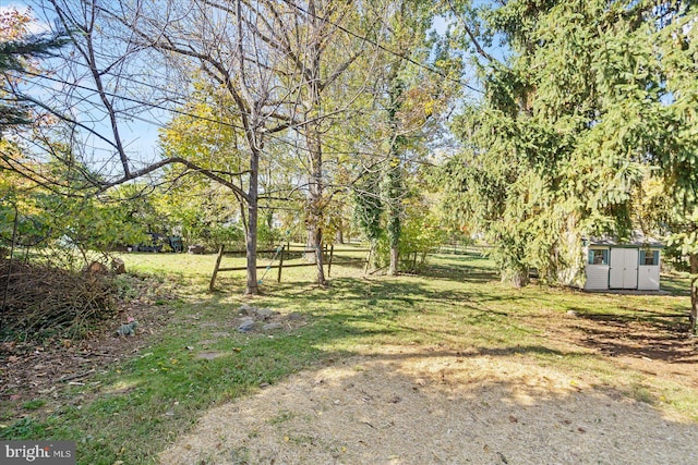 view of yard featuring a storage shed