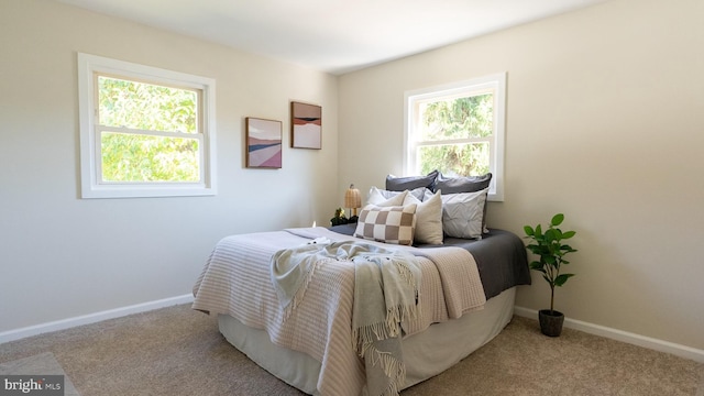 carpeted bedroom featuring multiple windows